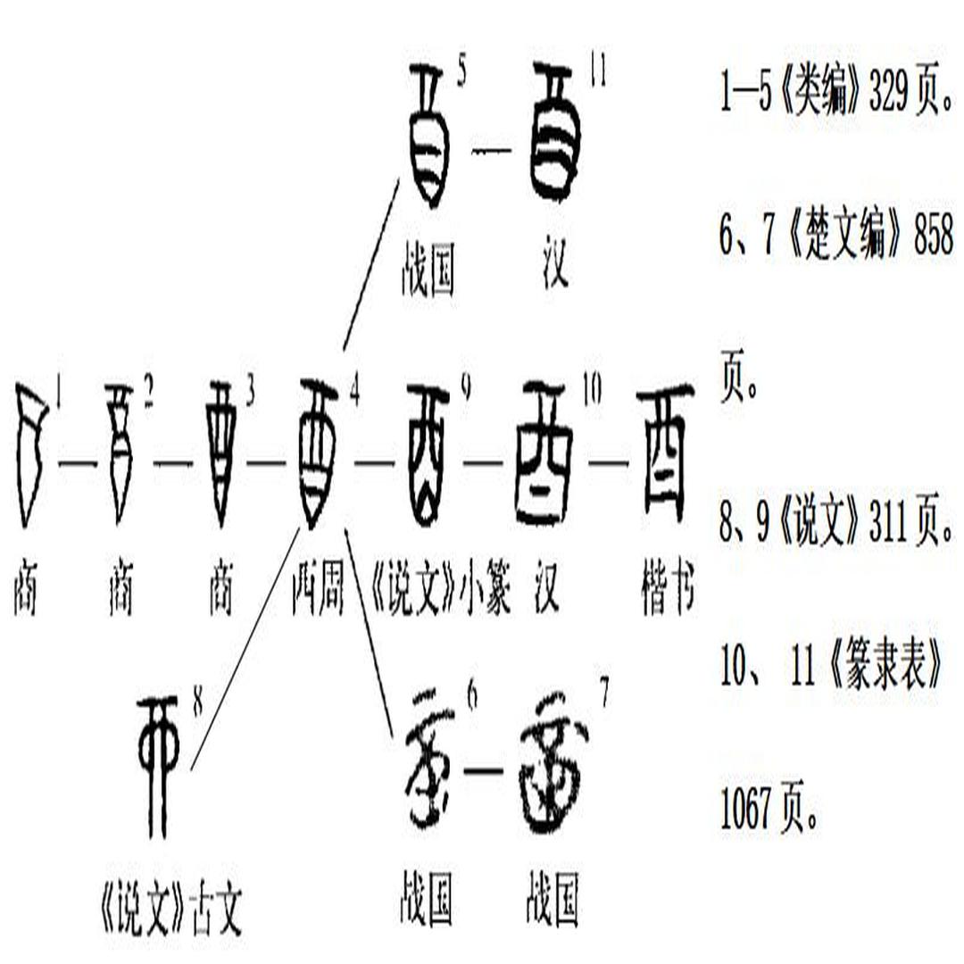 "酉"字的甲骨文,金文,小篆,隶书,楷书等